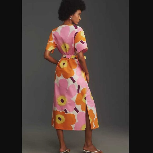 New women's 12 Marimekko x Anthropologie Kemut Unikko poplin belted midi dress - Picture 3 of 11